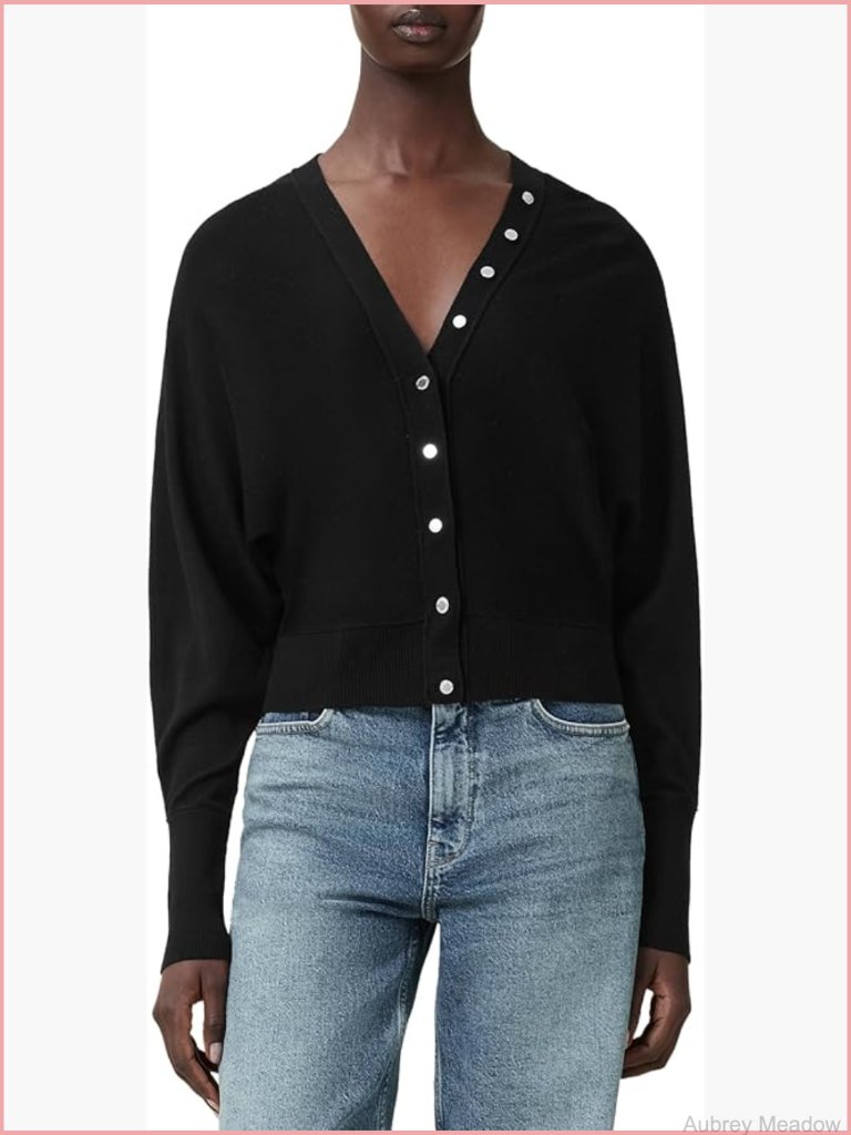 Merino Wool V-Neck Cardigan, Button Front, Long Sleeve, Ribbed